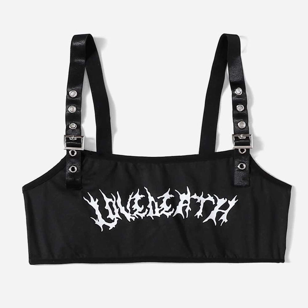 ROMWE Goth Grunge Letter Graphic Bralette | Black XS | Grommet Lingerie Top